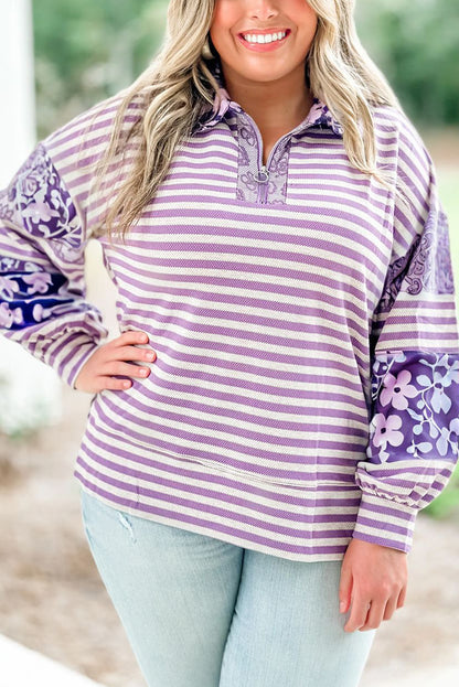 Purple Stripe Floral Patchwork Long Sleeve O-ring Zip Neck Collared Plus Size Top