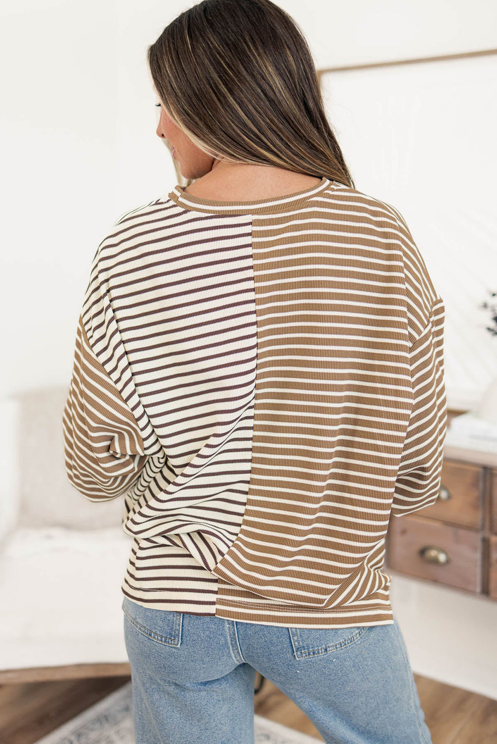 Khaki Stripe Color Block Patchwork Drop Shoulder Loose Long Sleeve Top