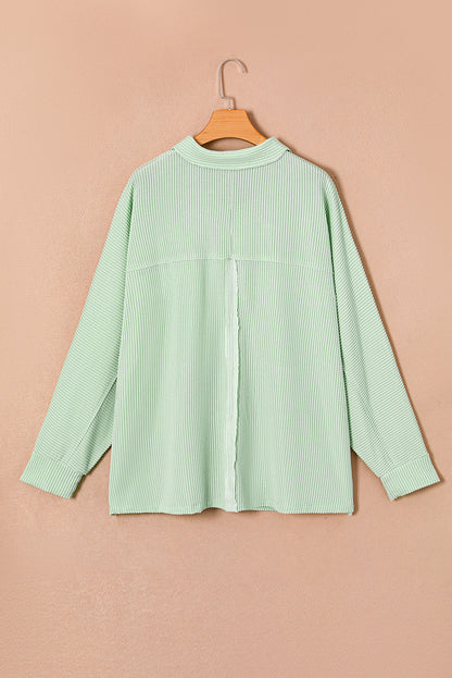 Sage Oversized Ribbed Henley Top with Pockets