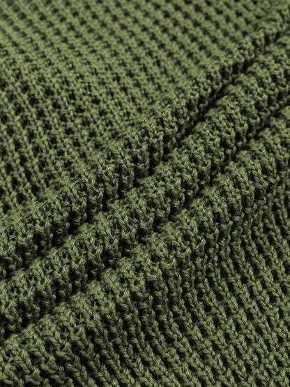 Green Buttoned V Neck Drop Shoulder Sweater with Pointelle Knit