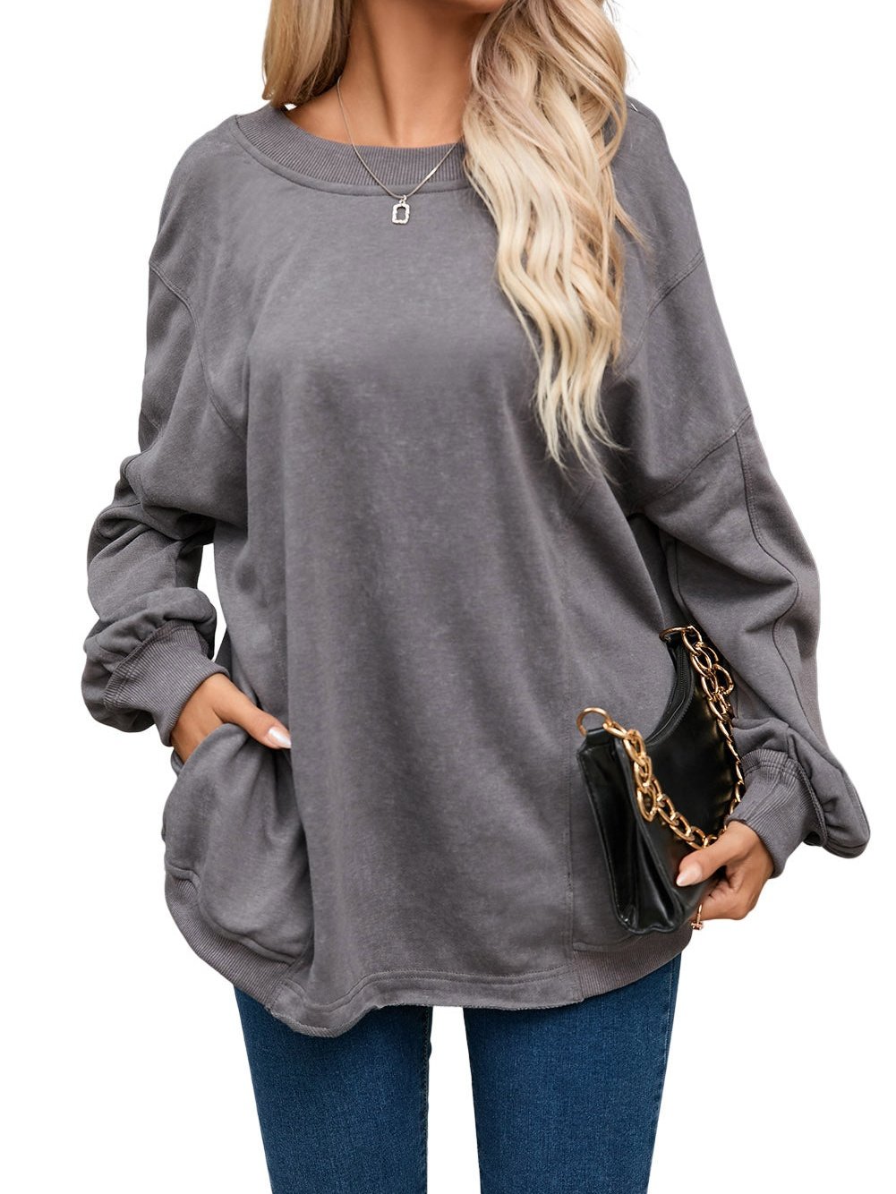 Exposed Seam Twist Gray Oversized Pullover with Open Back
