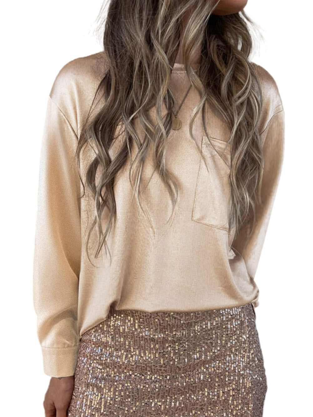 Glittery Apricot Satin Long Sleeve Top with Chest Pocket