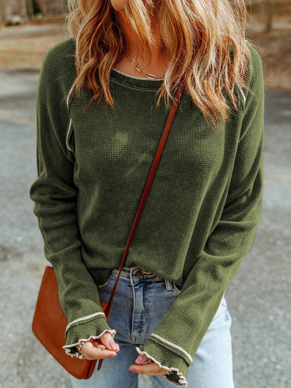 Green Waffle Knit Shift Top with Round Neck and Long Sleeves
