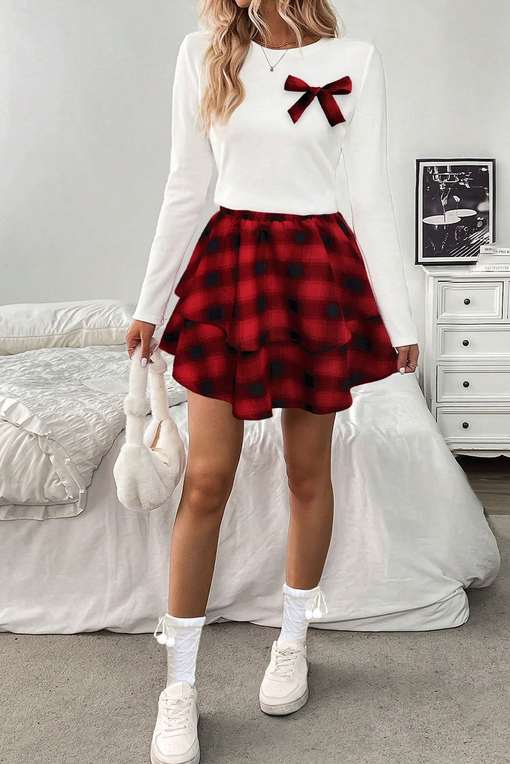 Red Long Sleeve Tee Plaid Bow Decor Ruffle Mini Skirt 2pcs Set