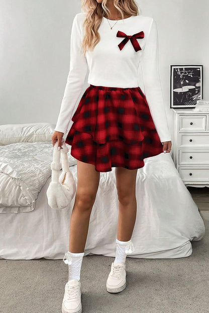 Red Long Sleeve Tee Plaid Bow Decor Ruffle Mini Skirt 2pcs Set