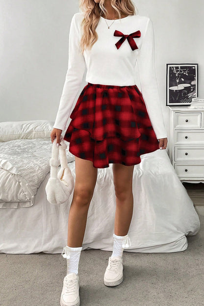 Red Long Sleeve Tee Plaid Bow Decor Ruffle Mini Skirt 2pcs Set