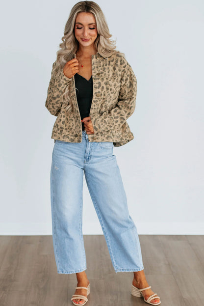 Khaki Retro Leopard Print Seam Detail Button Down Denim Jacket