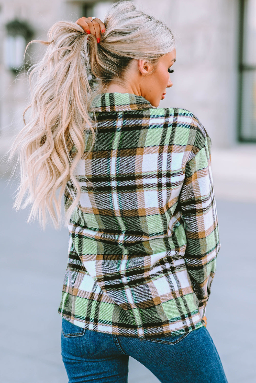 Green Plaid Print Shacket with Pockets