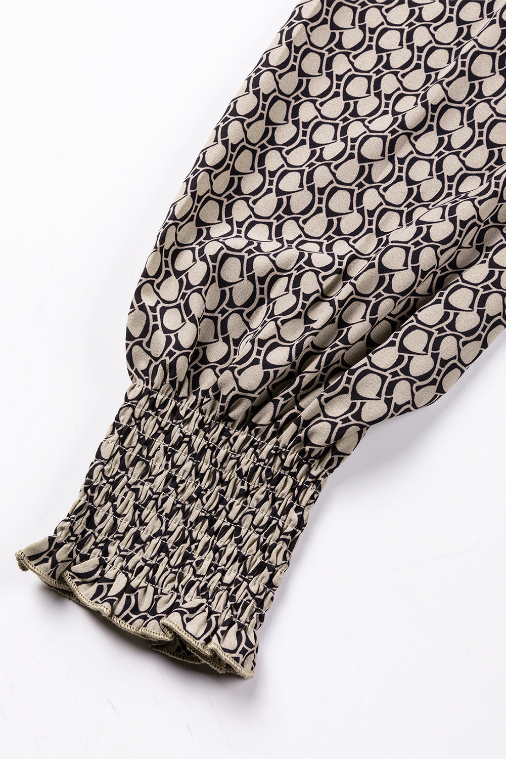 Frenchy Frill V-Neck Printed Shift Blouse in Light Beige