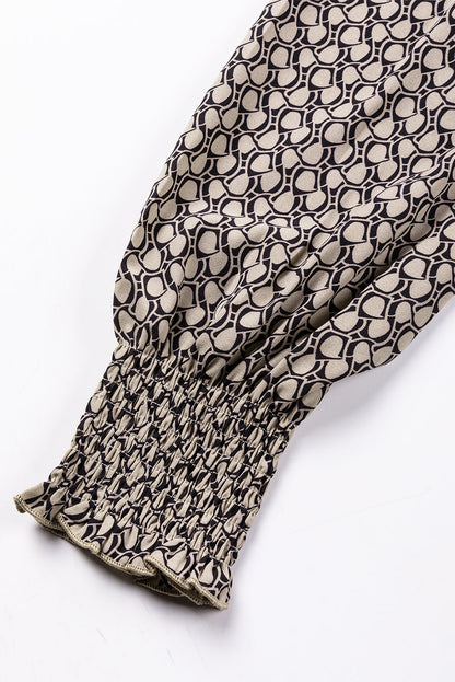 Frenchy Frill V-Neck Printed Shift Blouse in Light Beige