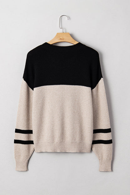 Parchment Color Block Knit Striped Sleeve Detail Casual Sweater