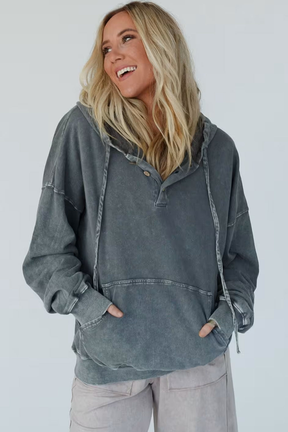 Dark Grey Mineral Wash Button Drawstring Neck Hooded Sweatshirt