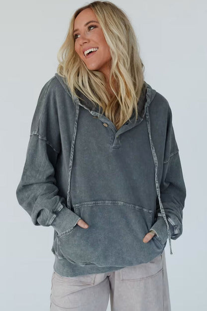 Dark Grey Mineral Wash Button Drawstring Neck Hooded Sweatshirt