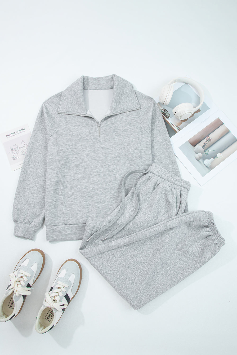Light Grey Zip Collar Long Sleeve Top Drawstring Pants Set