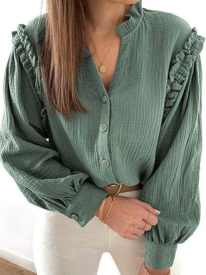 Green Crinkled Shirt with Frilled Split Neck