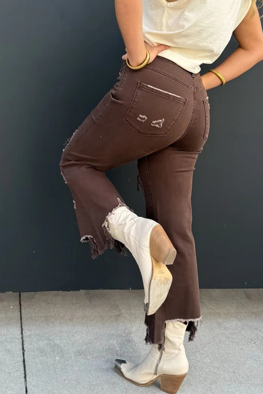 Coffee Asymmetric Distressed Raw Hem Cowgirl Jeans