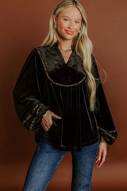 Black Velvet Notched Neck Leopard Trim Long Puff Sleeve Top