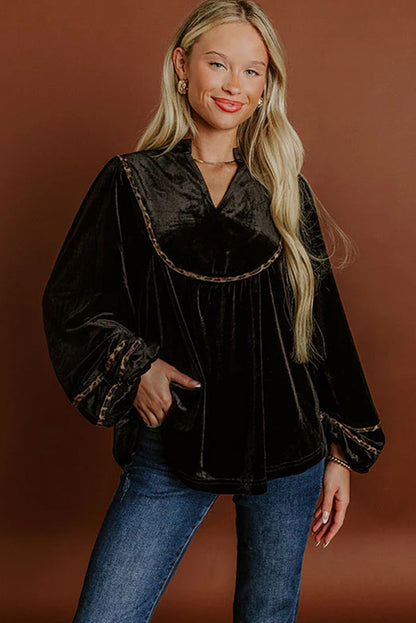 Black Velvet Notched Neck Leopard Trim Long Puff Sleeve Top