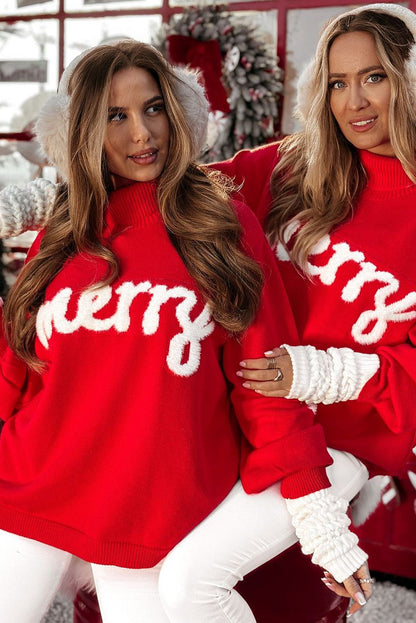 Fiery Red Merry Snowflake Pattern Christmas Turtleneck Sweater