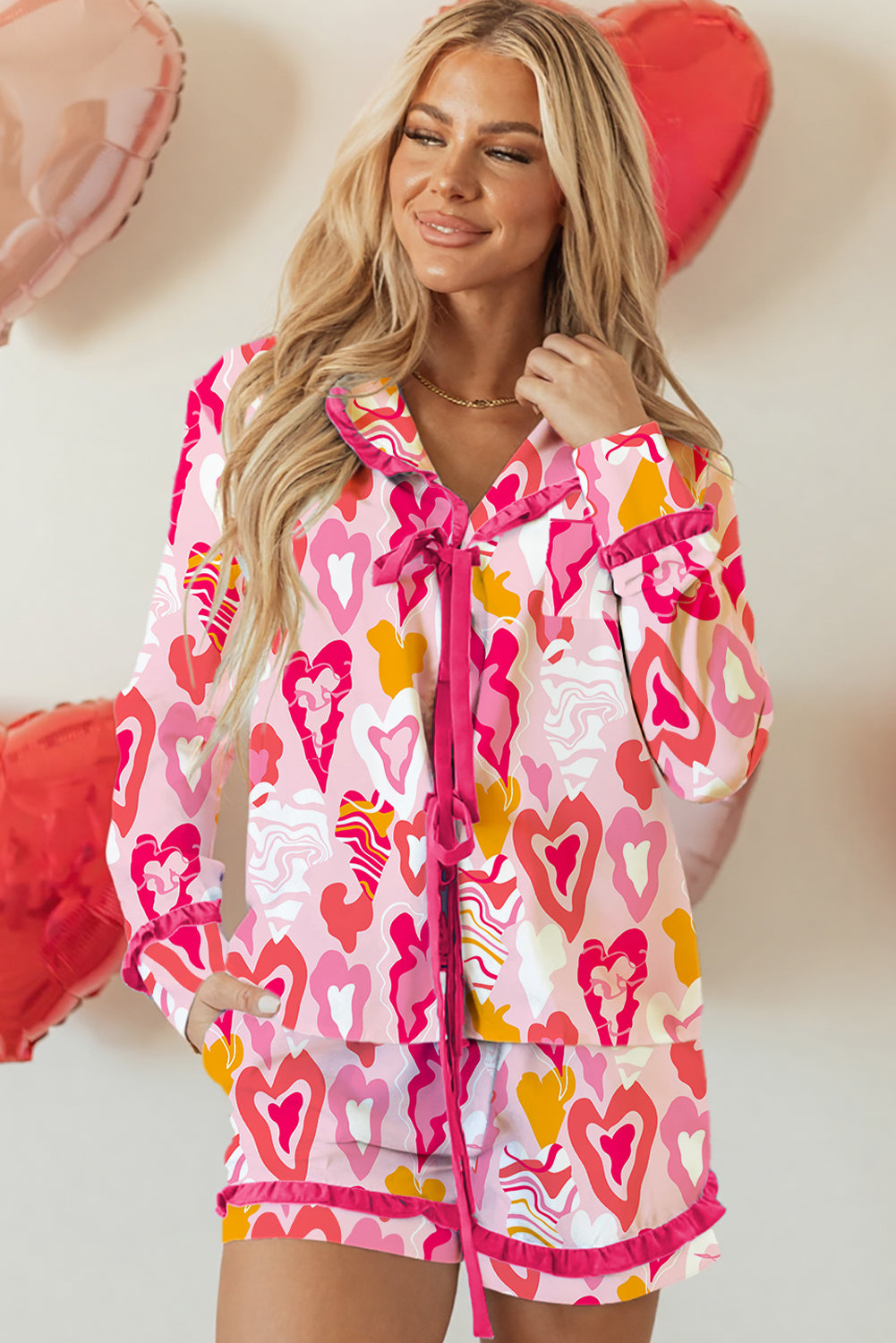 Pink Whimsical Heart Print Frilled Trim Tie Front Shirt Style Lounge Short Set