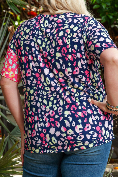 Leopard Patchwork Crew Neck Plus Size Tee