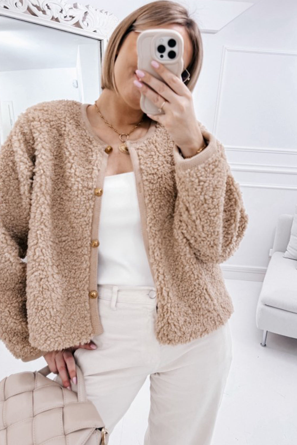 Smoke Gray Sherpa Buttoned Front Plush Jacket