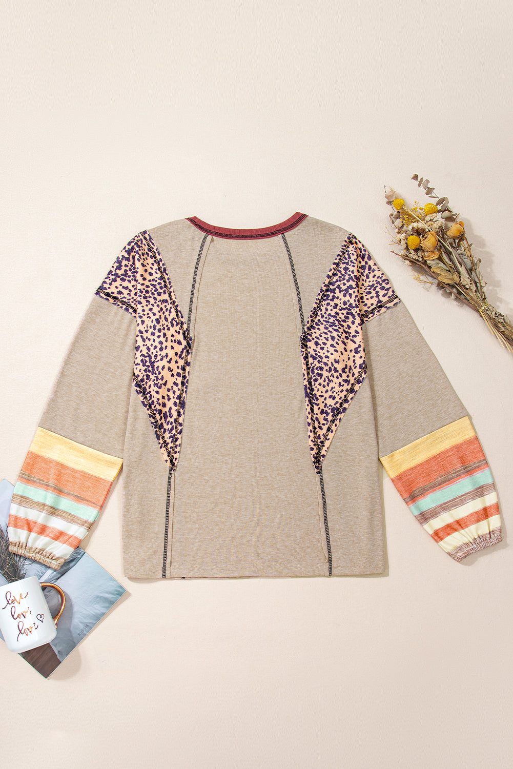 Khaki Leopard Serape Patchwork Stitched Pullover Blouse