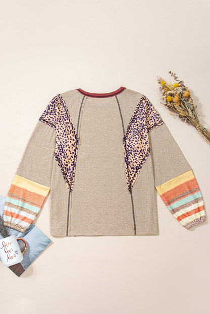 Khaki Leopard Serape Patchwork Stitched Pullover Blouse