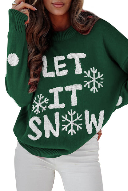 Blackish Green LET IT SNOW Graphic Christmas Holiday Loose Sweater