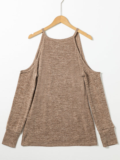 Khaki Marble Cold Shoulder Knit Top with Long Sleeves