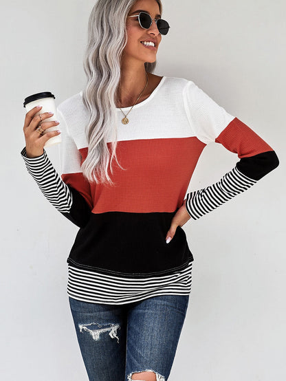 Fashionable Striped Colorblock Top with Long Sleeves