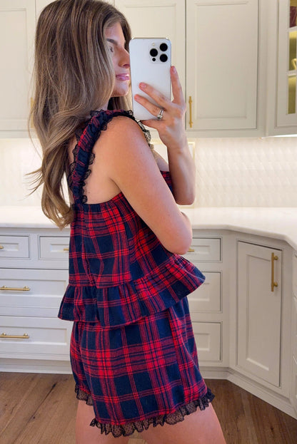Red Plaid Print Lace Trim Flounce Hem Tank Loose Shorts 2pcs Pajama Set