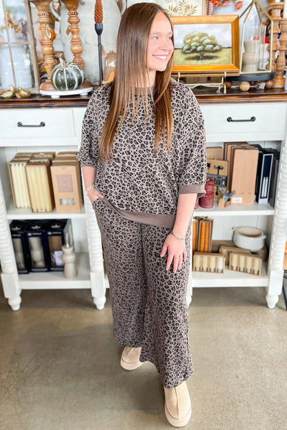 Khaki Leopard Ribbed Patchwork Long Sleeve Pullover Wide Leg Pant Set