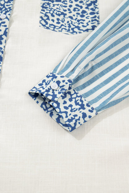 Sky Blue Leopard Striped Patchwork Casual Plus Shirt
