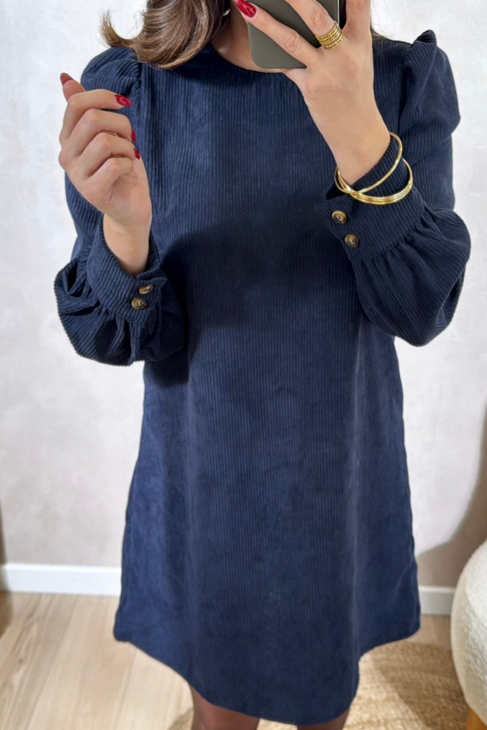Dirty blue Solid Color Button Cuffed Long Sleeve Corduroy Mini Dress