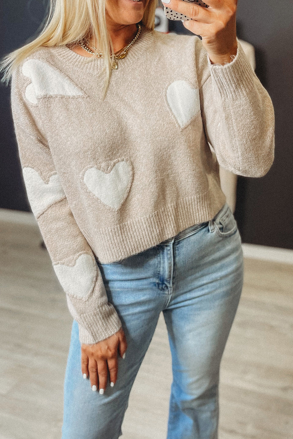 Parchment Heart Patched Pattern Valentine Cropped Sweater