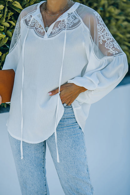 Elegant White Lace Detail V-Neck Blouse
