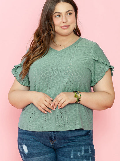 Green Jacquard V-Neck Plus Size Blouse with Petal Sleeves