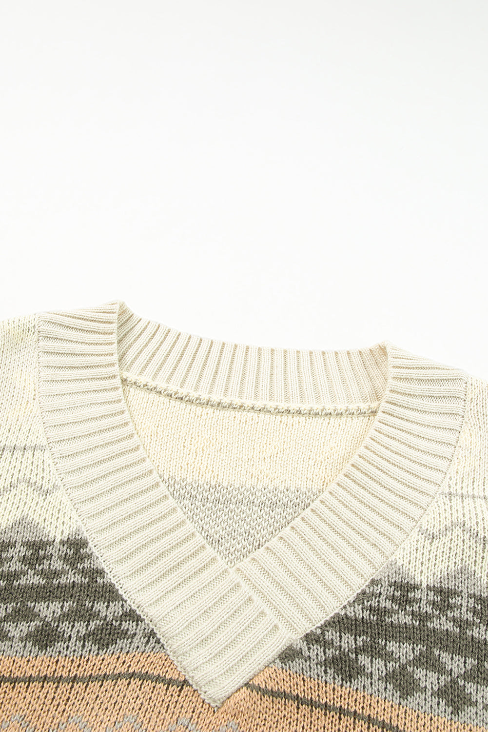 Khaki Aztec Print V Neck Sweater with Ribbed Texture