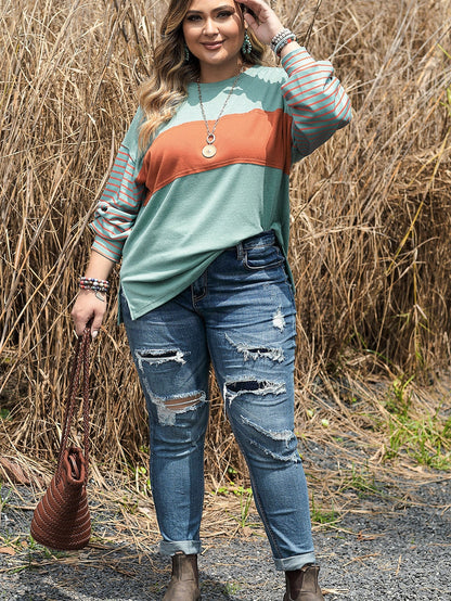 Green Plus Size Striped Long Sleeve Colorblock Tee with Slits