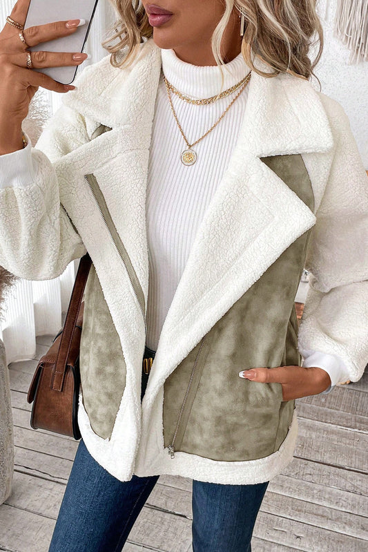 Laurel Green Faux Suede Sherpa Patchwork Zip Up Pocketed Jacket