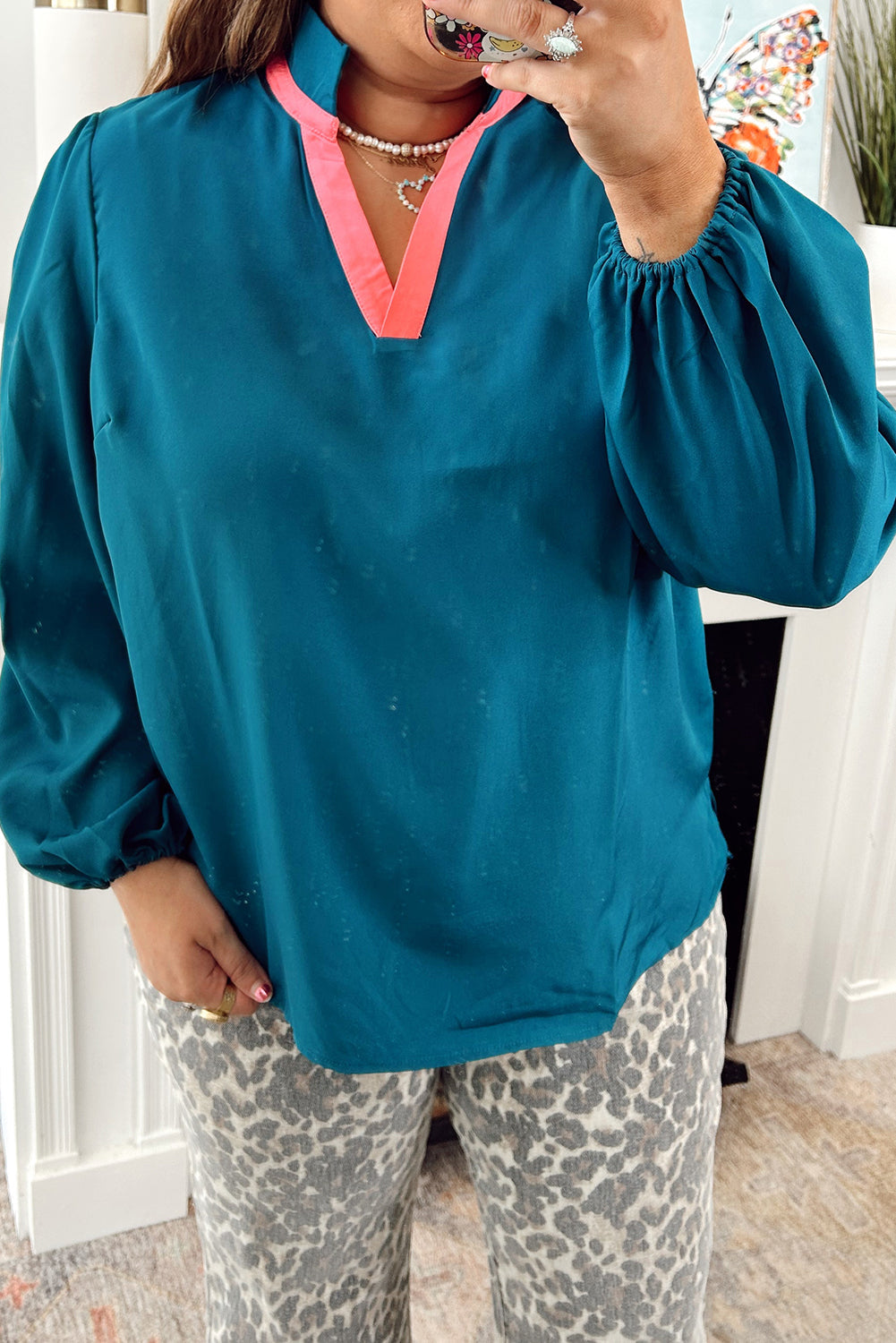 Blue Sapphire Contrast Trim Collar Split Neck Plus Size Long Sleeve Blouse