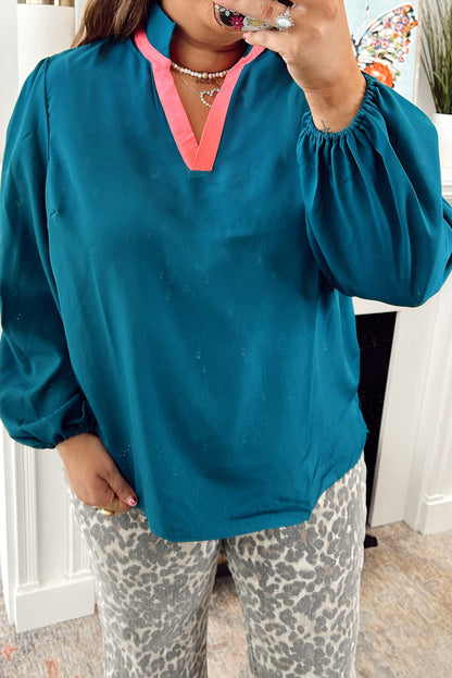 Blue Sapphire Contrast Trim Collar Split Neck Plus Size Long Sleeve Blouse