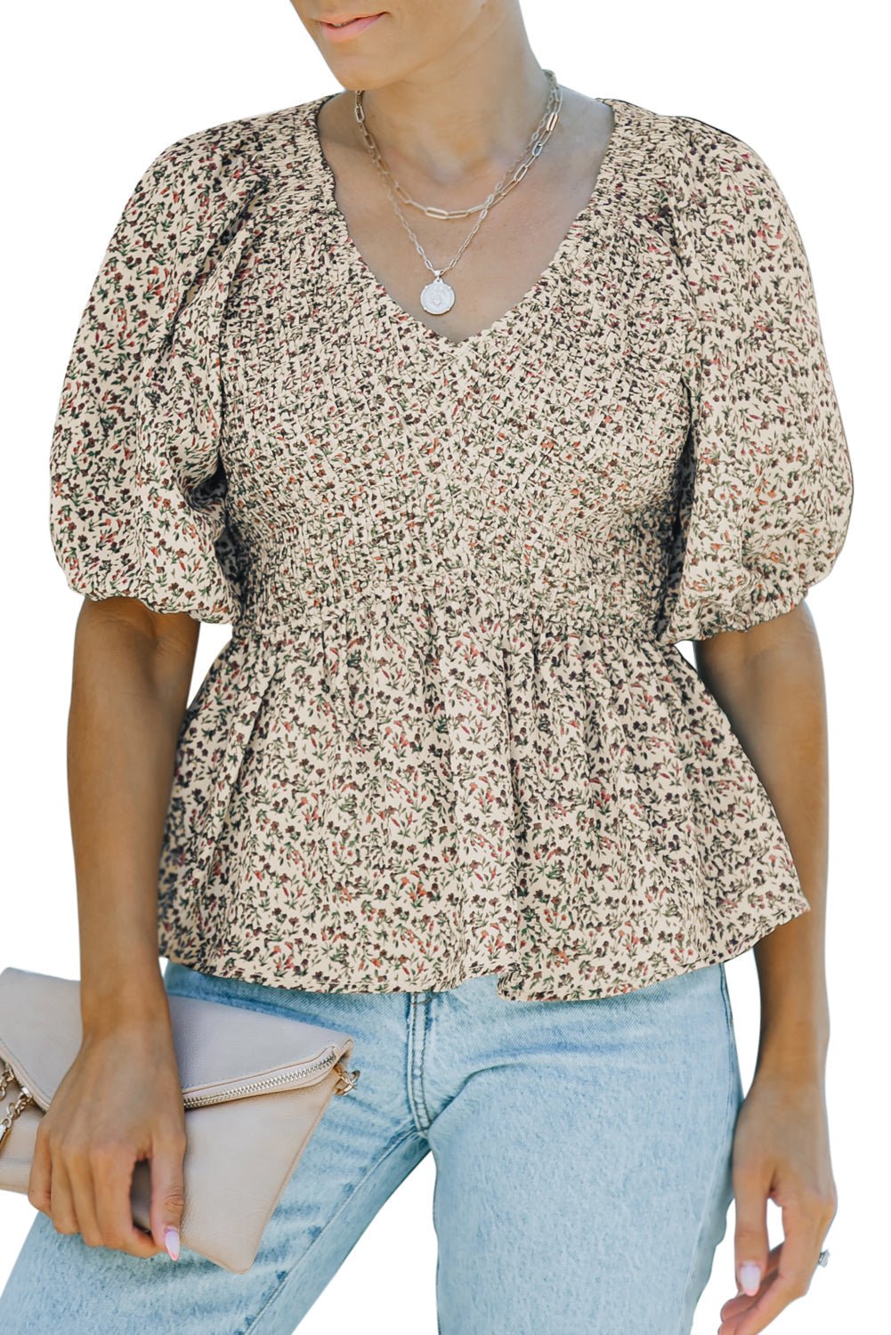 Floral Puff Sleeve Peplum Blouse
