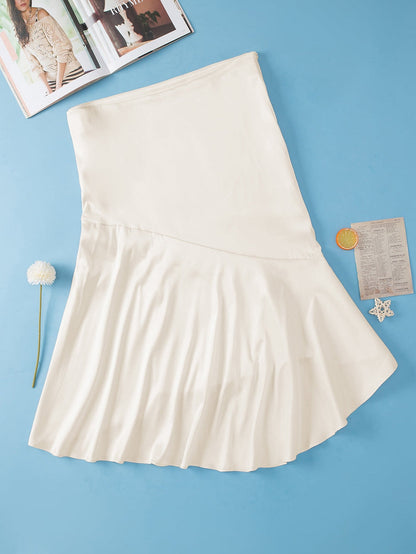 Beige Satin Split Ruffled High Waist Plus Size Skirt