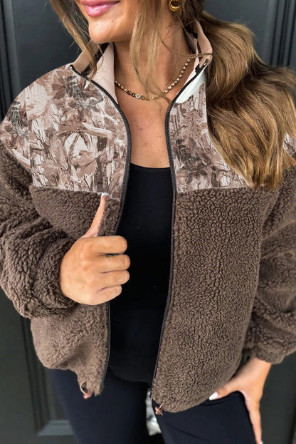 Dark Brown Camo/Plant Print Patchwork Sherpa Jacket with Zipper