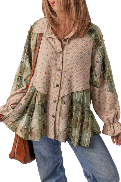 Mist Green Boho Floral Plaid Patchwork Distressed Detail Ruffled Sleeve Waffle Knit Shacket