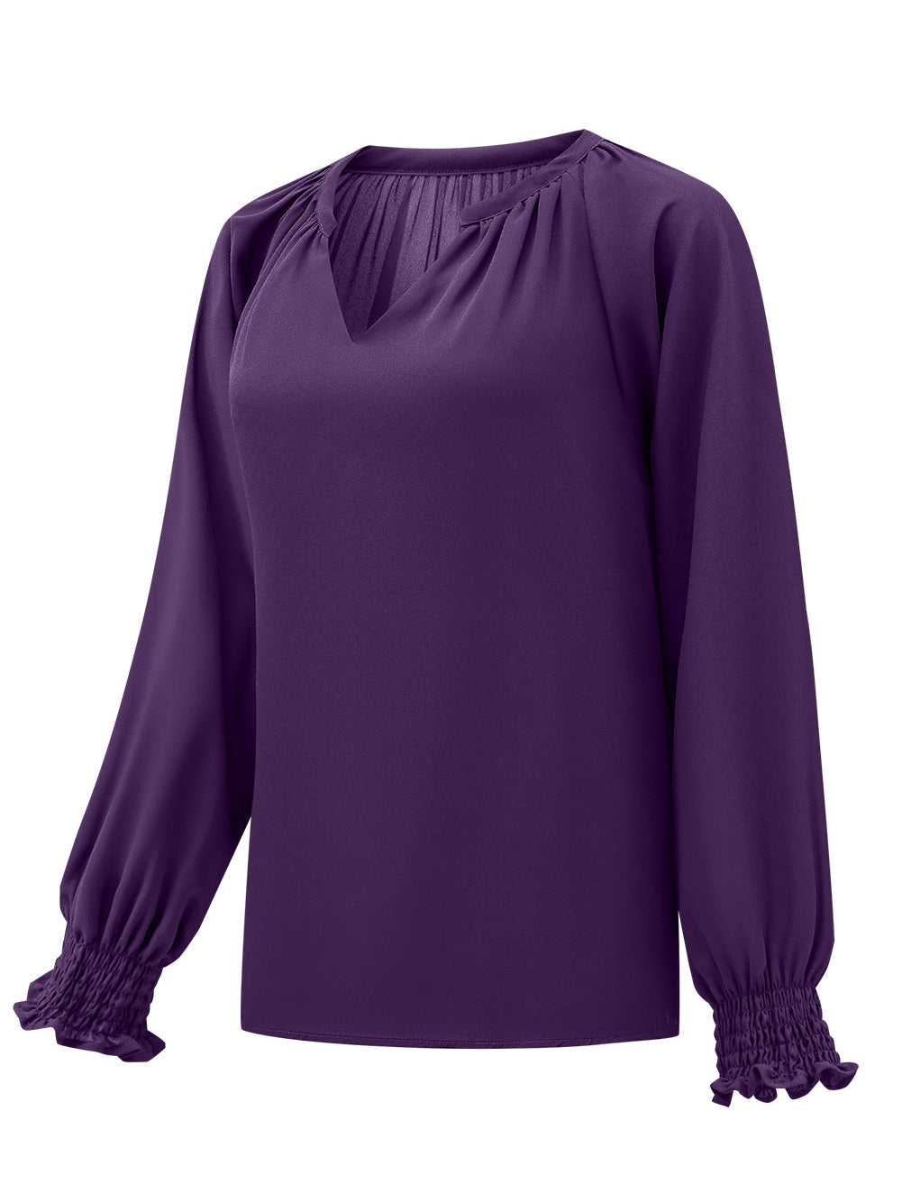 Elegant Purple Pleated V Neck Blouse with Puffy Sleeves