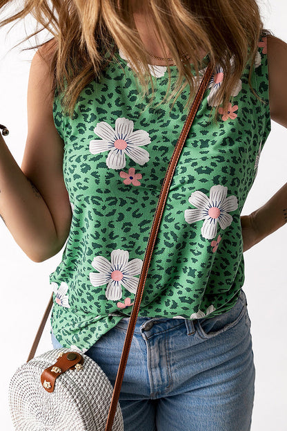 Green Striped Floral Colorblock Tank Top