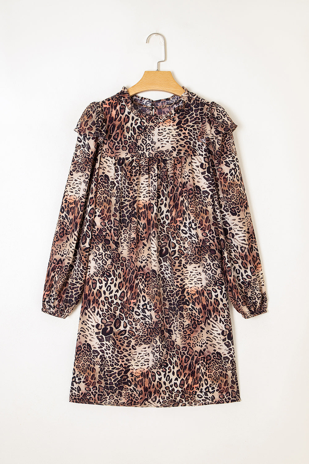 Brown Leopard Ruffled Detail Long Sleeve Loose Mini Dress